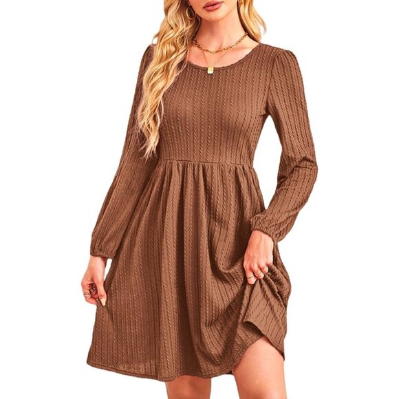 Dresses & Skirts - Women's Knit Sweater Dress with Pockets Crew Neck Long Sleeve A-Line